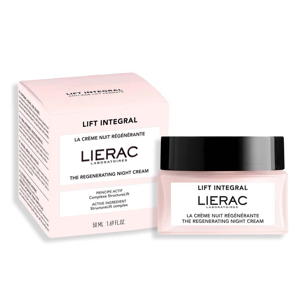 Produktverpackung und Tiegel. Aufschrift: Lierac, Lift Integral, La Crème Nuit Régénérante.