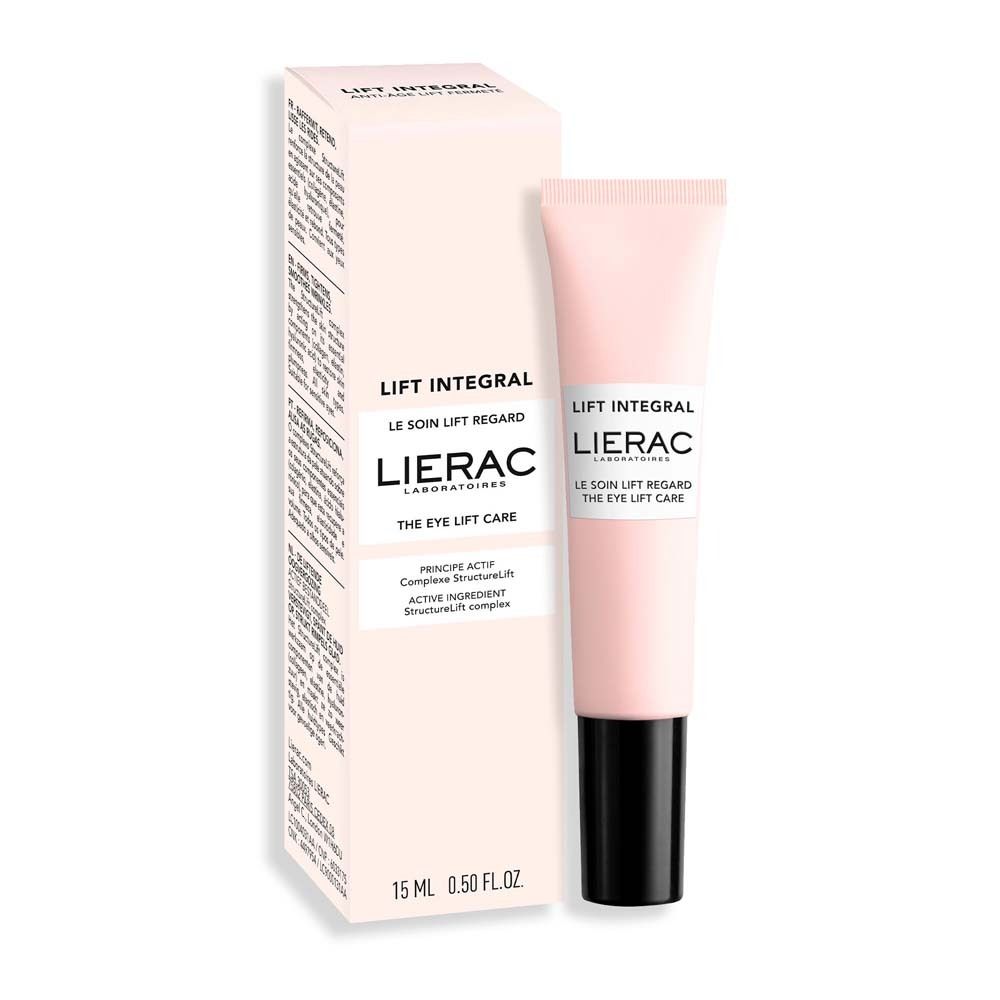 Rosa Tube mit Verpackung. Aufschrift: LIFT INTEGRAL, LIERAC. Produkt: THE EYE LIFT CARE. 15 ml.