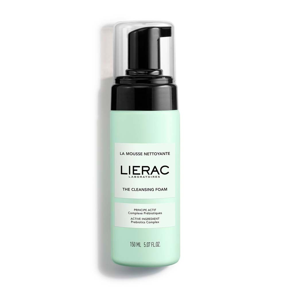 Grüne Flasche mit schwarzem Pumpkopf. Aufschrift: LIERAC, THE CLEANSING FOAM. Klare Kappe. 150 ml.