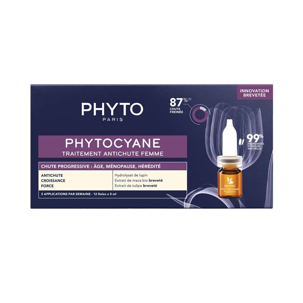 Dunkelblaue Schachtel mit Produktnamen und Ampulle. Text: PHYTO PARIS, PHYTOCYANE, Behandlung gegen Haarausfall.