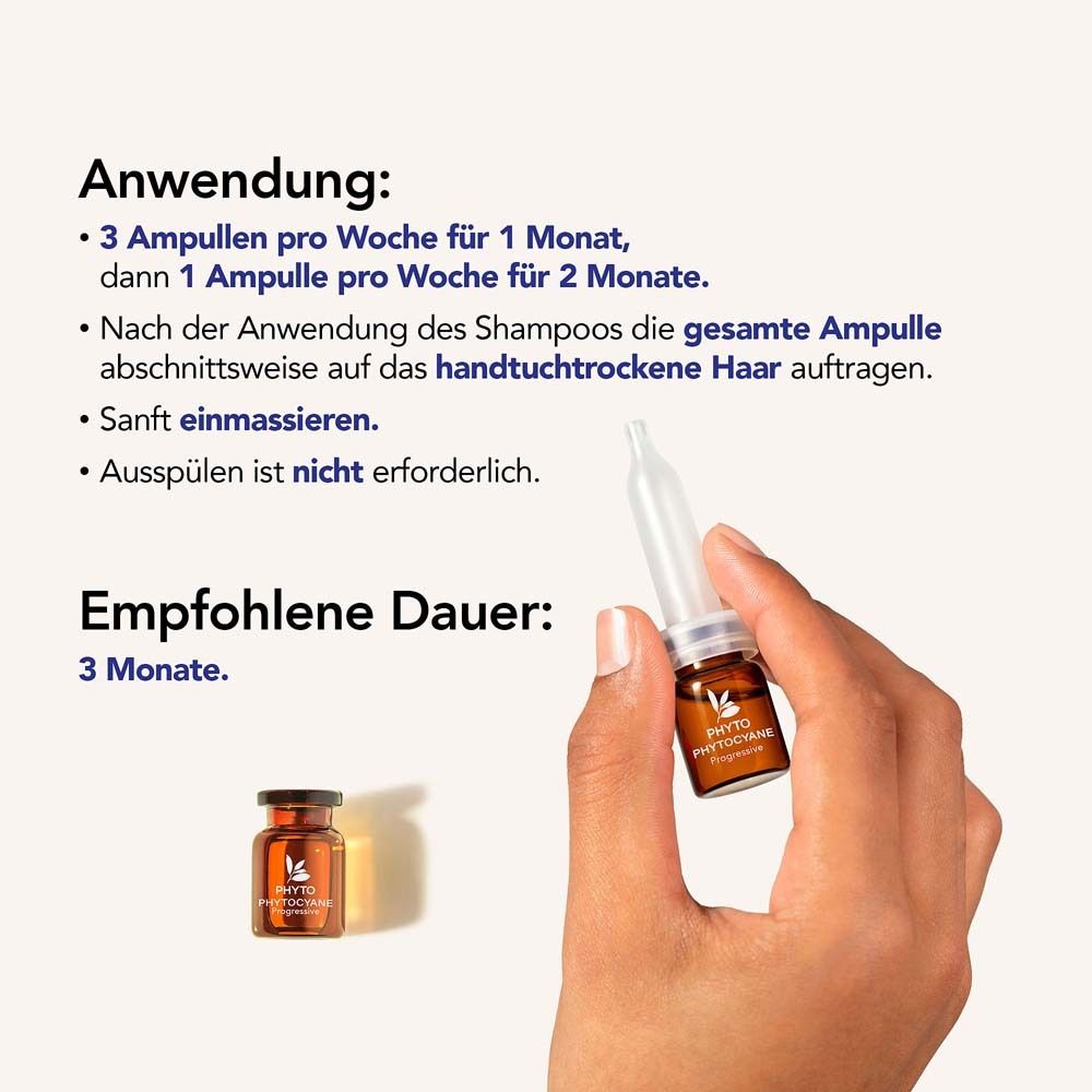 Hand hält Ampulle. Text: Anwendung, 3 Ampullen pro Woche für 1 Monat, dann 1 Ampulle pro Woche für 2 Monate.