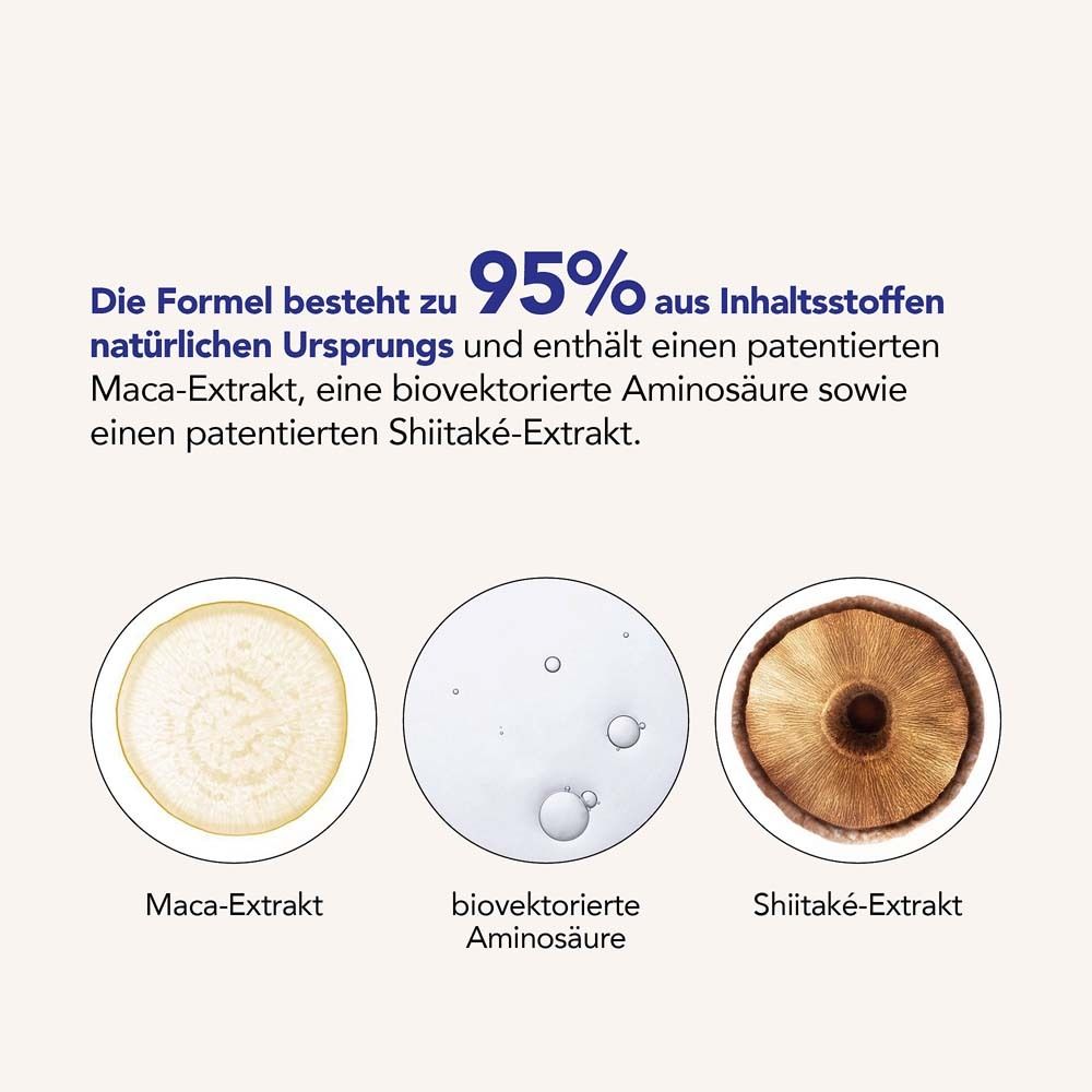 Drei Kreise mit Inhaltsstoffen: Maca-Extrakt, Aminosäure, Shiitake-Extrakt. Text: 95% natürlichen Ursprungs.