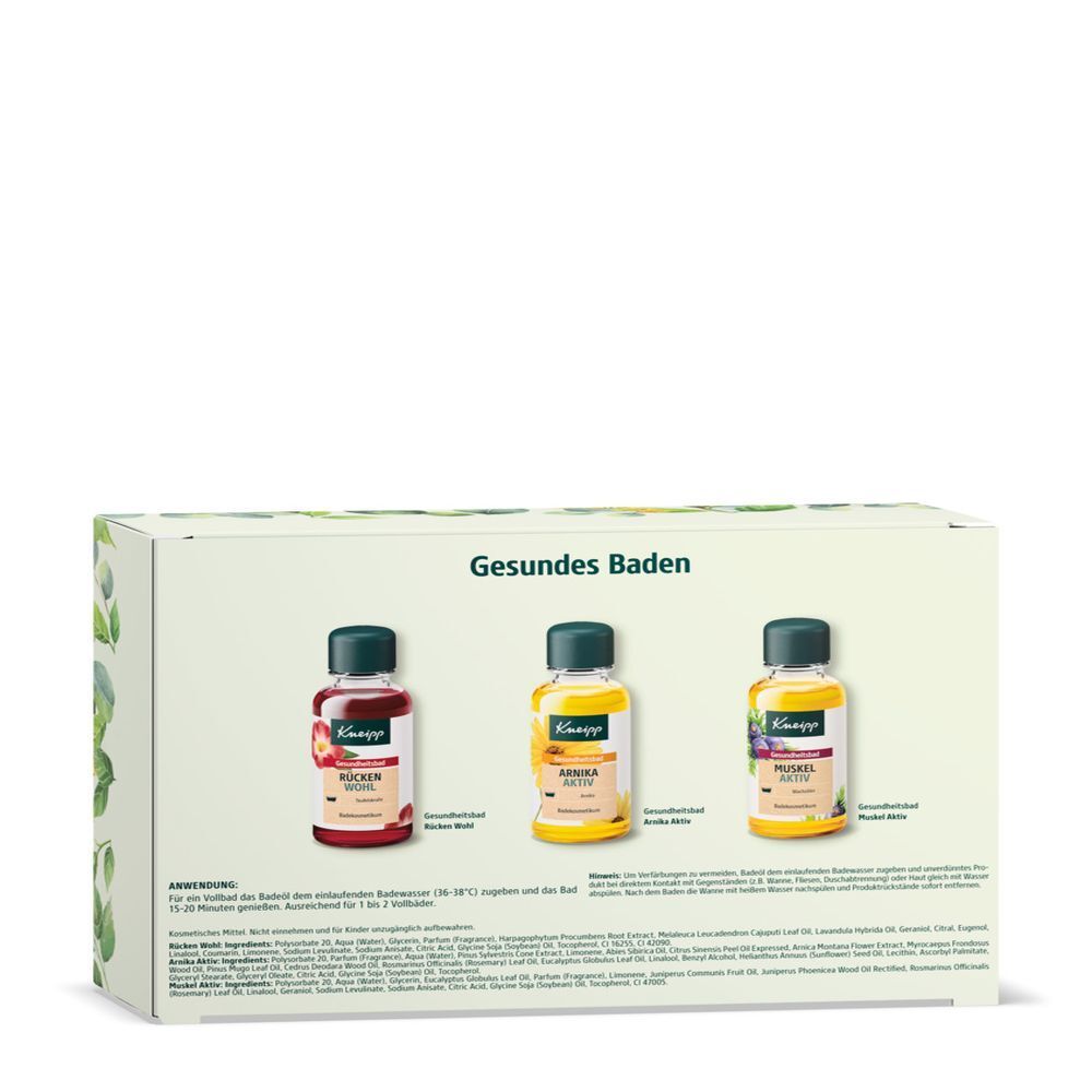 Rückseite der Verpackung mit drei kleinen Flaschen. Text: Gesundes Baden. Flaschen mit verschiedenen Inhalten.