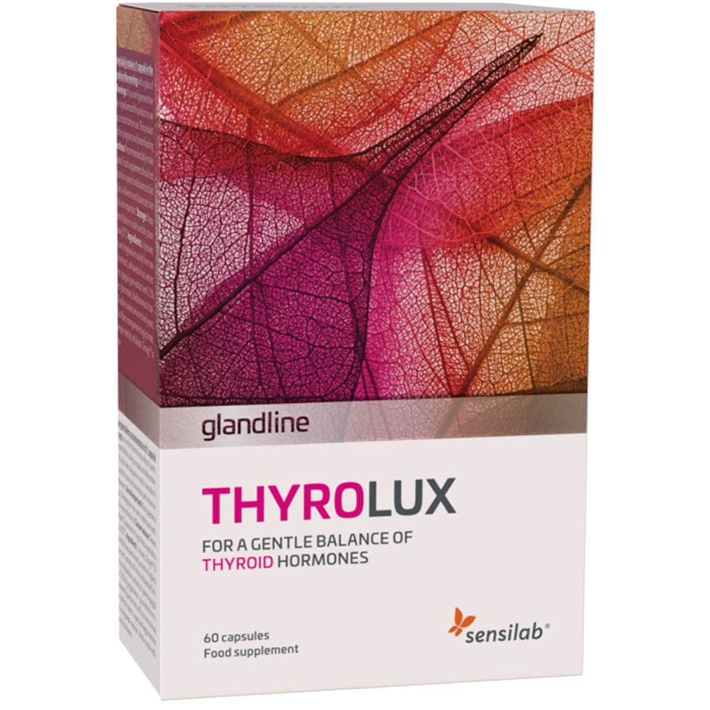 Verpackung von THYROLUX. Enthält 60 Kapseln. Marke: glandline, sensilab.