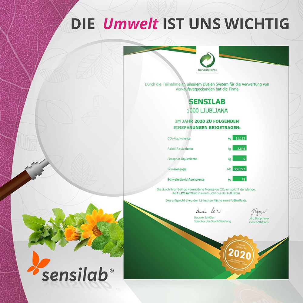 Zertifikat mit Text: Die Umwelt ist uns wichtig. Sensilab 1000 Ljubljana. CO2-Einsparungen.