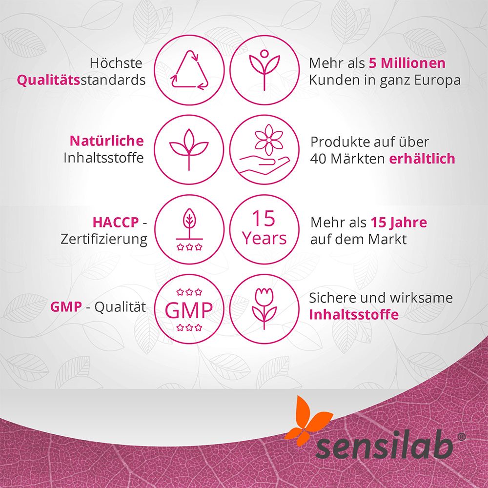 Infografik mit Symbolen: Höchste Qualitätsstandards, natürliche Inhaltsstoffe, HACCP-Zertifizierung, GMP-Qualität.