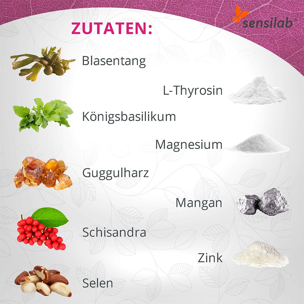 Abbildung von Zutaten: Blasentang, L-Thyrosin, Königbasilikum, Magnesium, Guggulharz, Mangan, Schisandra, Zink, Selen.