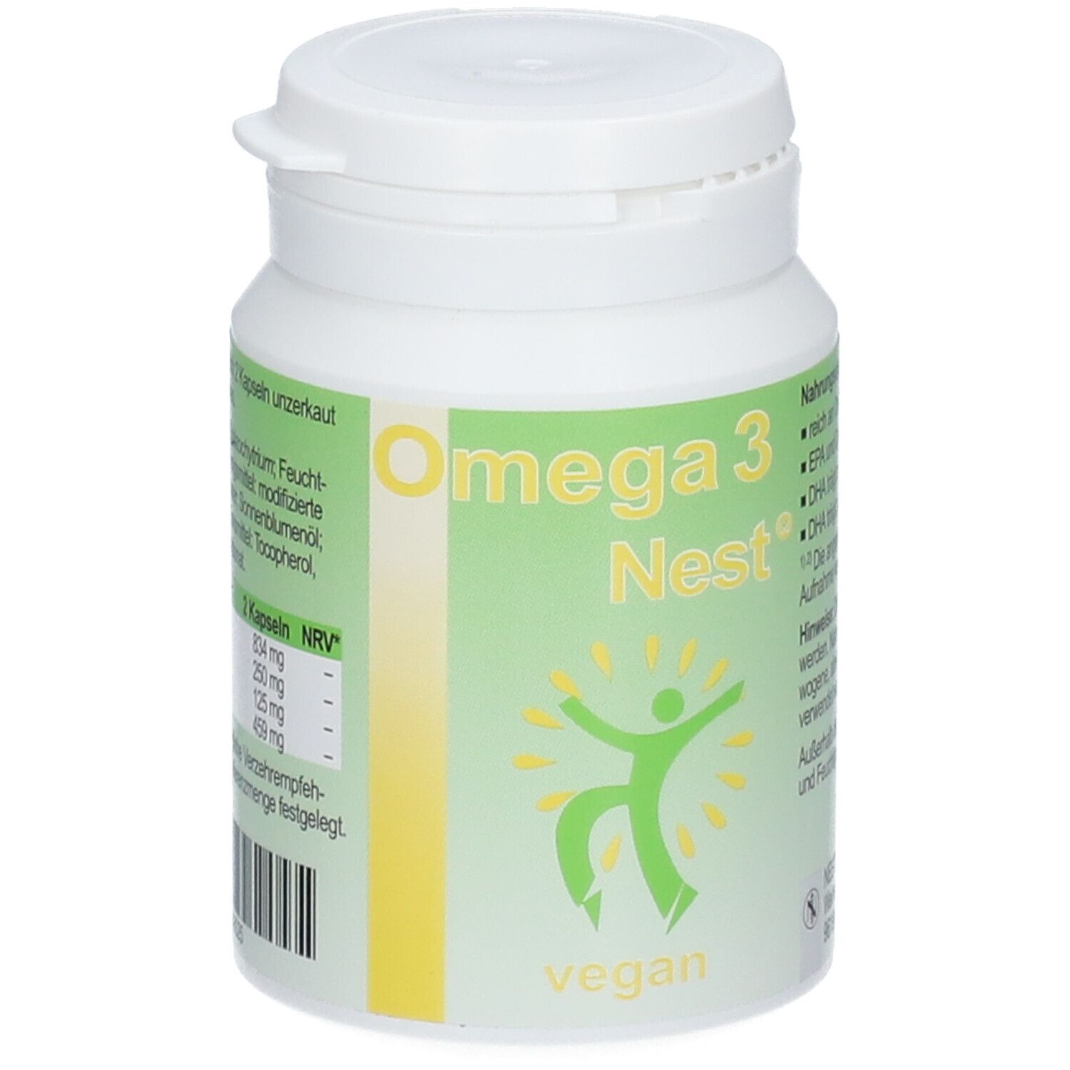 Weiße Dose mit grünem Etikett. Aufschrift: Omega 3 Nest, vegan. Abbildung einer Person. Deckel mit Drehverschluss.