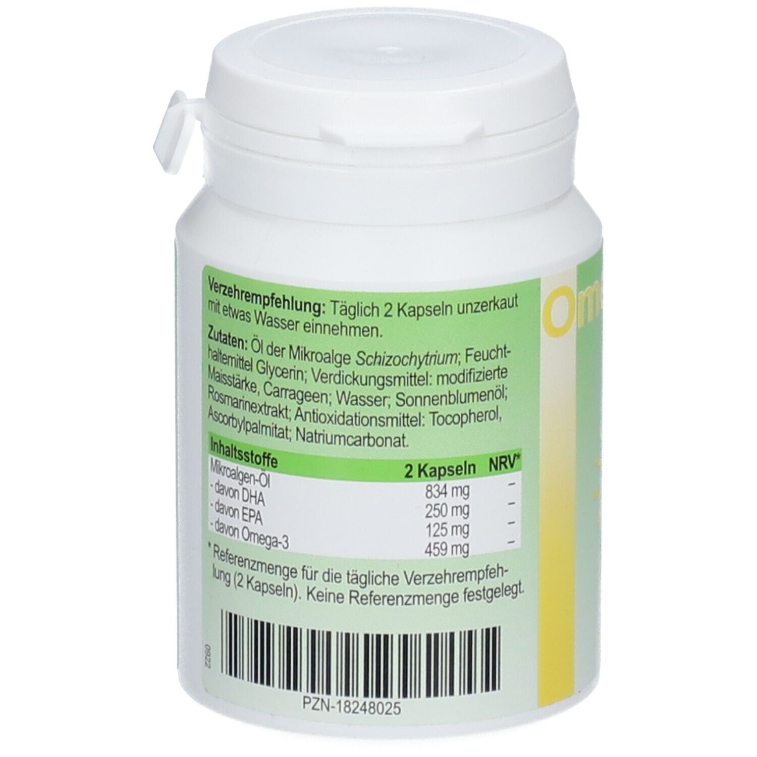 Rückseite der weißen Dose. Aufschrift: Inhaltsstoffe, Nährwertangaben, Verzehrempfehlung. Barcode unten.