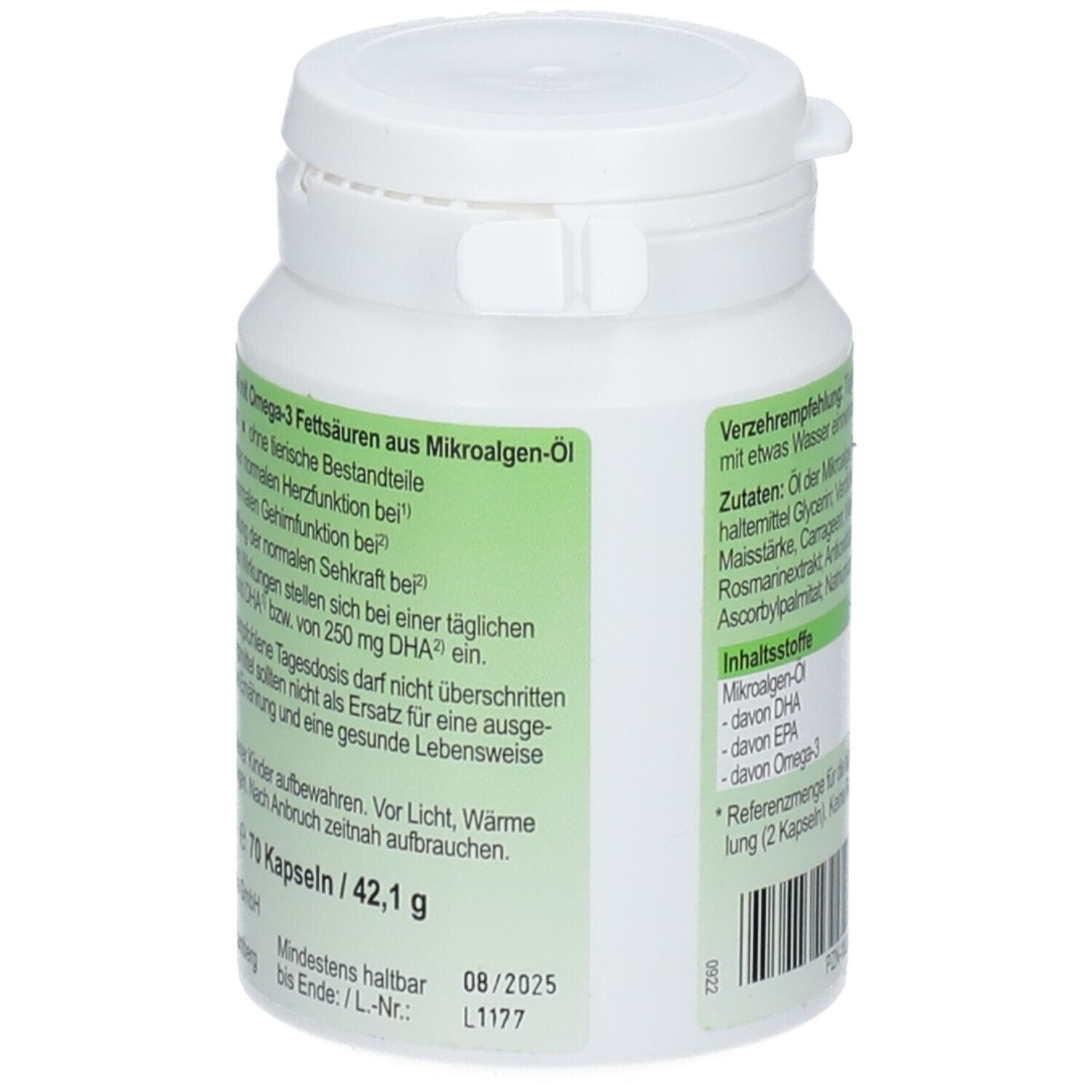 Rückseite der weißen Dose. Aufschrift: Omega-3-Fettsäuren, Inhaltsstoffe, Mindesthaltbarkeitsdatum. Deckel.