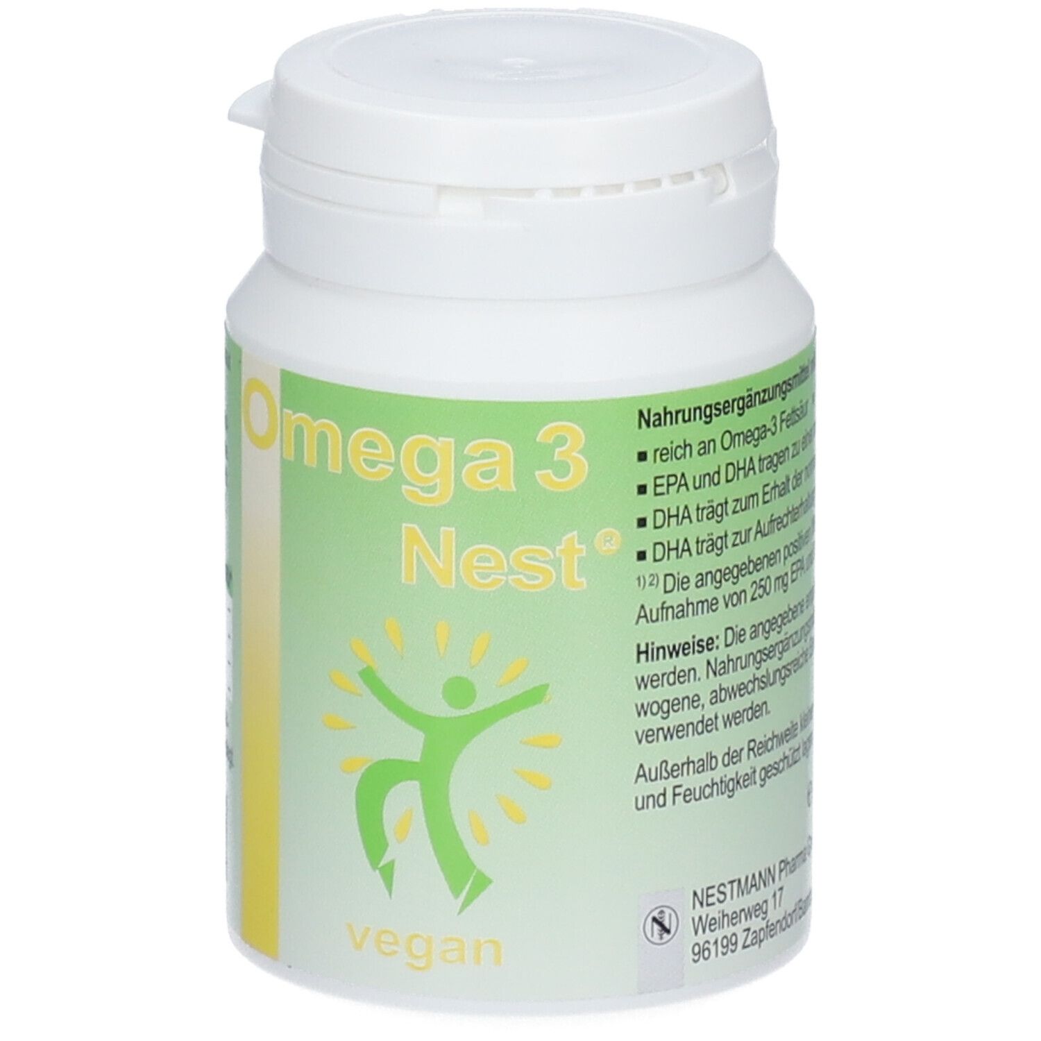 Weiße Dose mit grünem Etikett. Aufschrift: Omega 3 Nest, vegan. Abbildung einer Person. Deckel mit Drehverschluss.