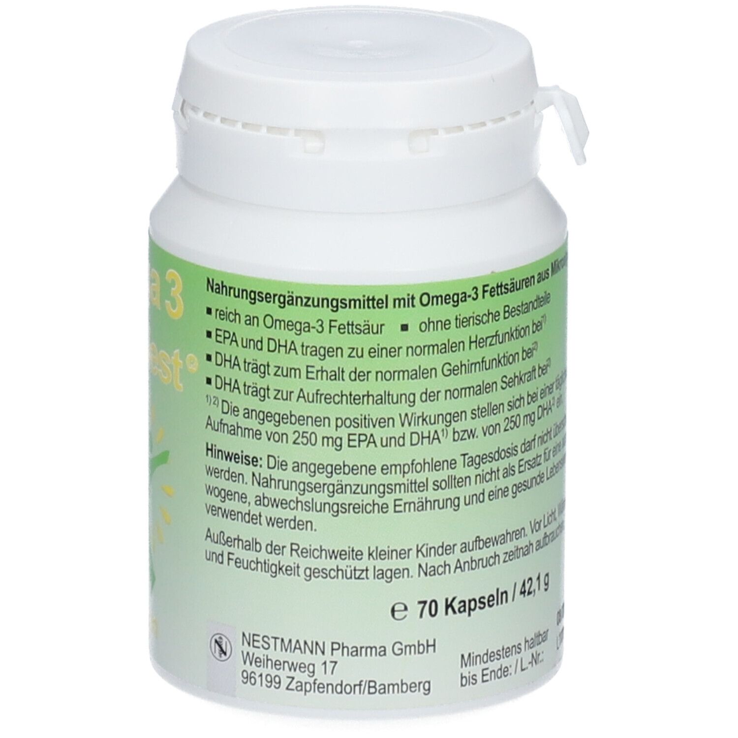 Rückseite der weißen Dose. Aufschrift: Nahrungsergänzungsmittel, Omega-3-Fettsäuren, 70 Kapseln. Deckel.