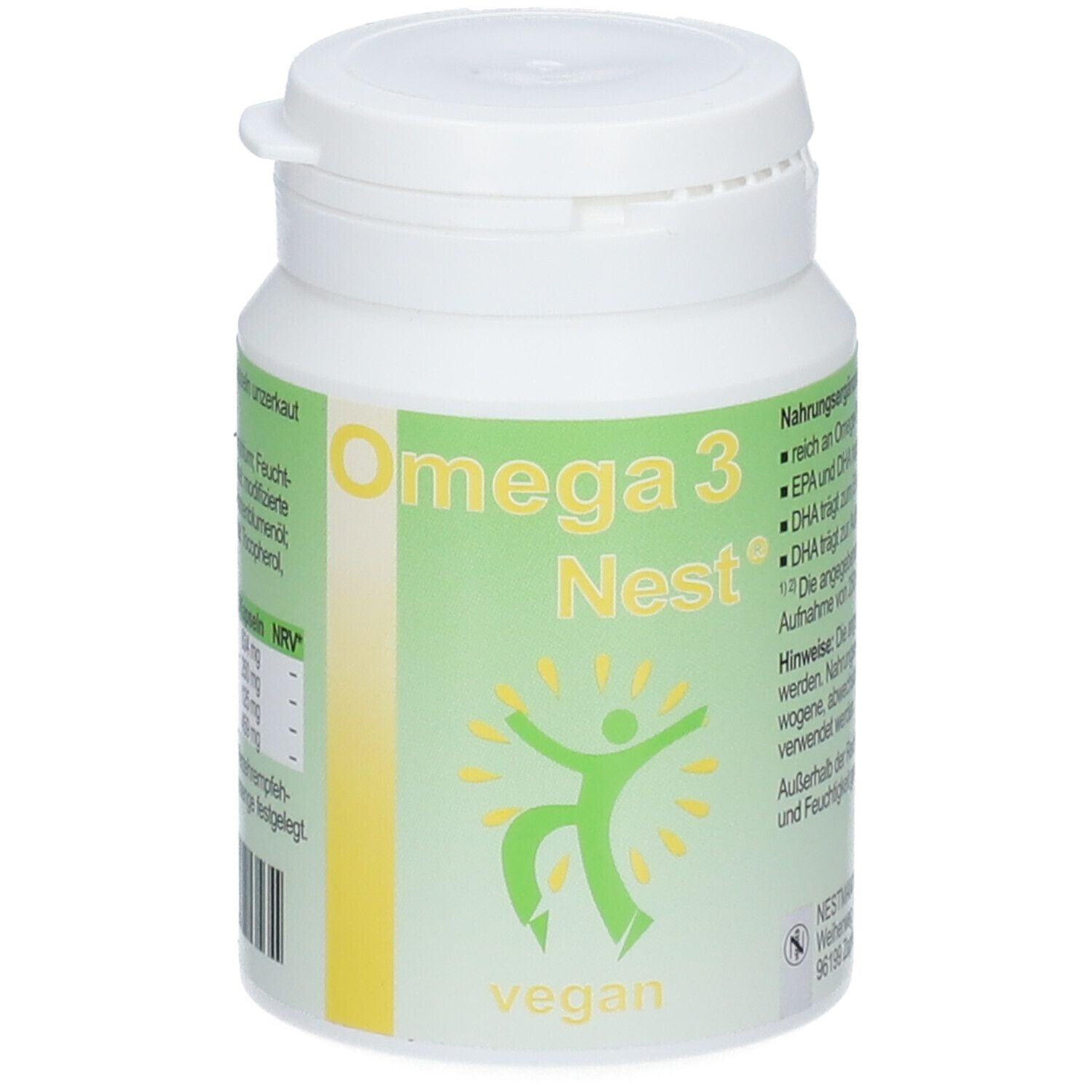 Weiße Dose mit grünem Etikett. Aufschrift: Omega 3 Nest, vegan. Abbildung einer Person. Deckel mit Drehverschluss.