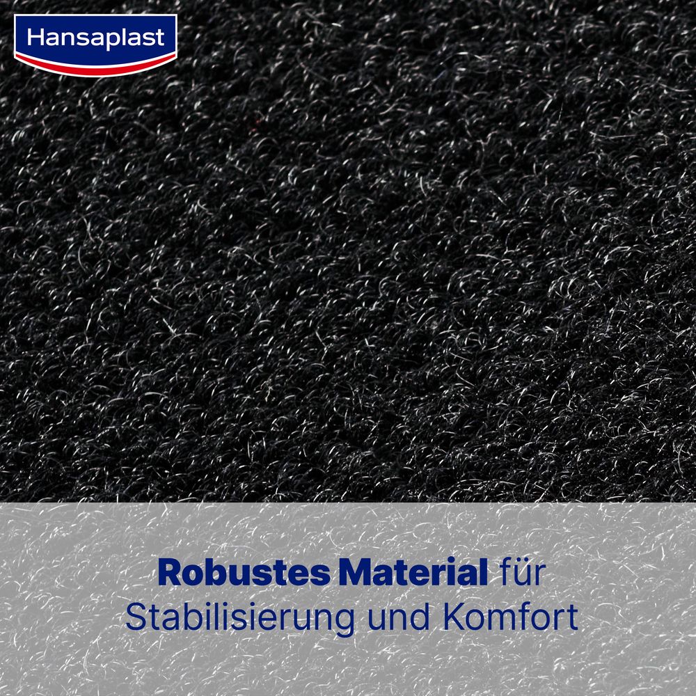 Nahaufnahme des schwarzen Materials der Fußgelenk-Bandage. Text: Robustes Material für Stabilisierung und Komfort.