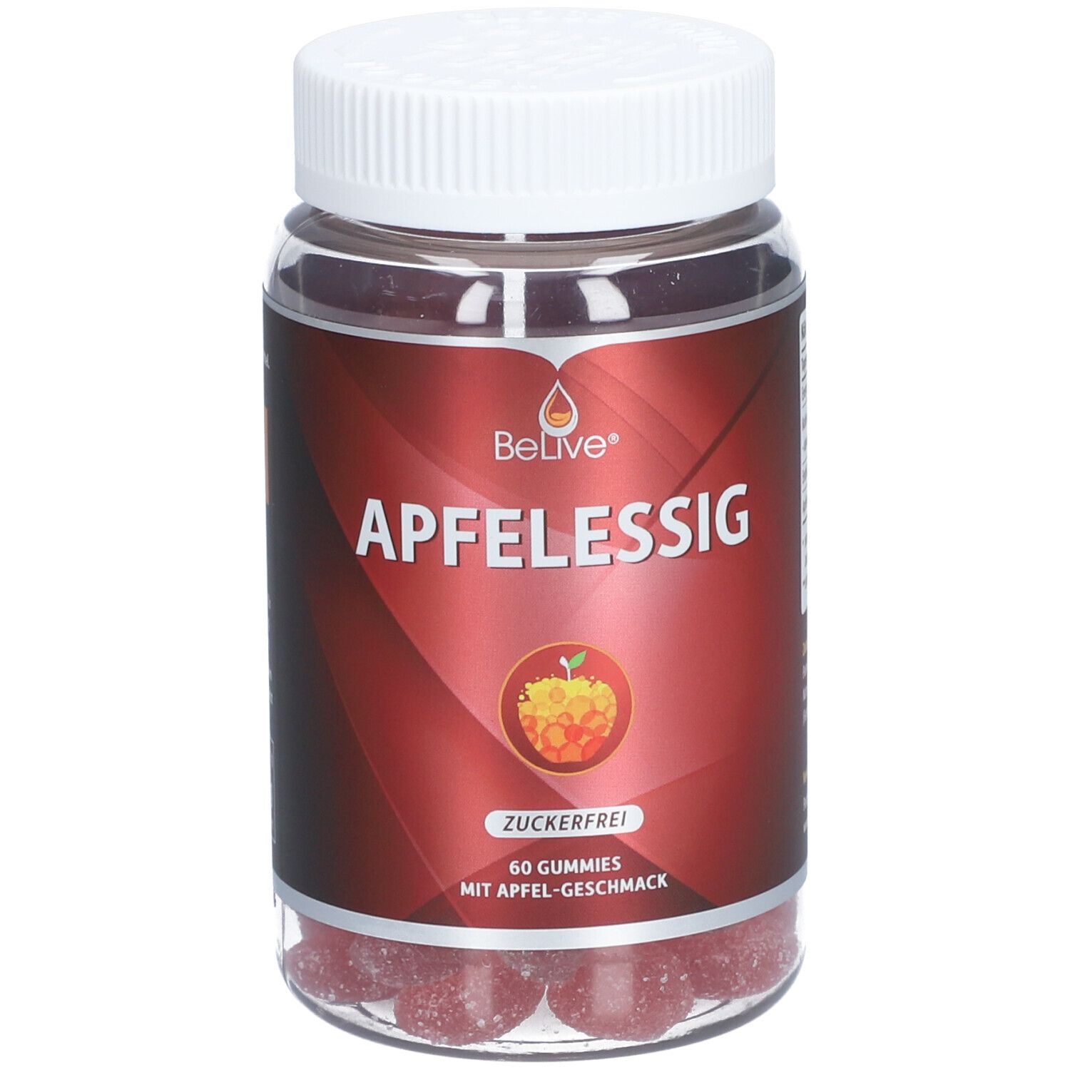 Klare Flasche mit roten Gummibärchen. Rotes Etikett mit "Apfelessig" und "Zuckerfrei". Weißer Deckel.