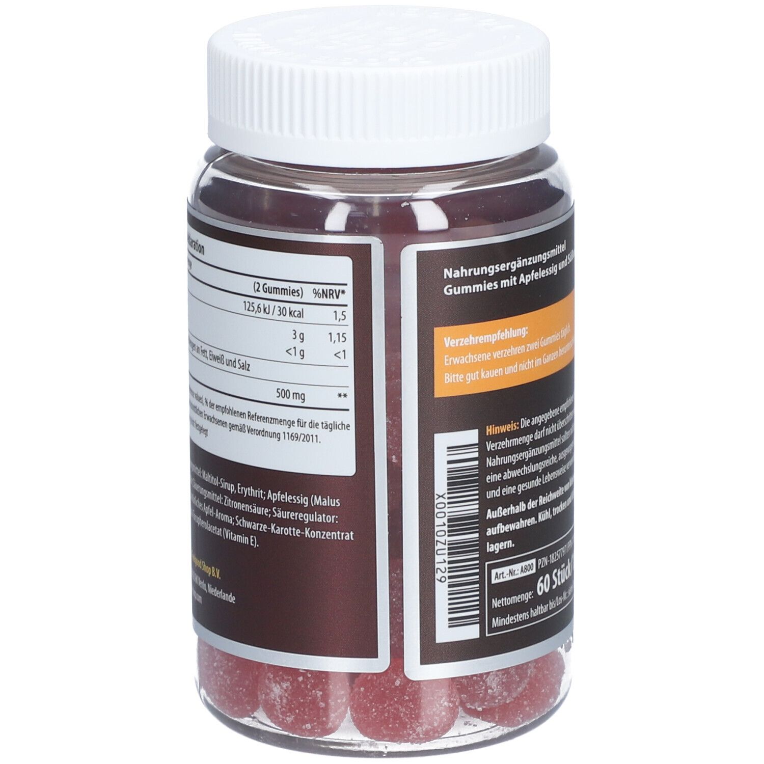 Rückseite der Flasche mit Nährwertdeklaration und Zutatenliste. Enthält Informationen zu Energie, Zucker und Apfelessig.