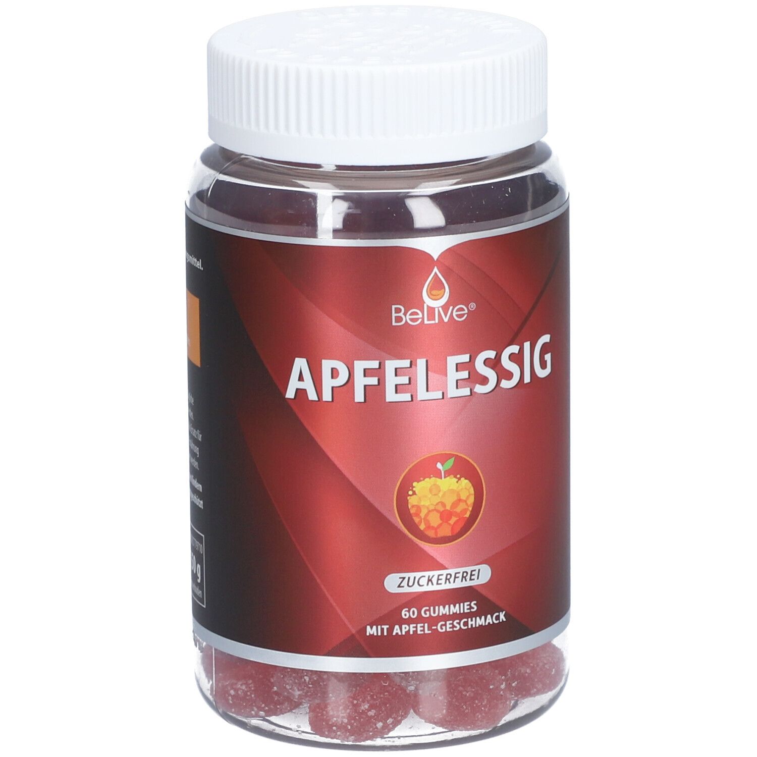 Klare Flasche mit roten Gummibärchen. Rotes Etikett mit "Apfelessig" und "Zuckerfrei". Weißer Deckel.