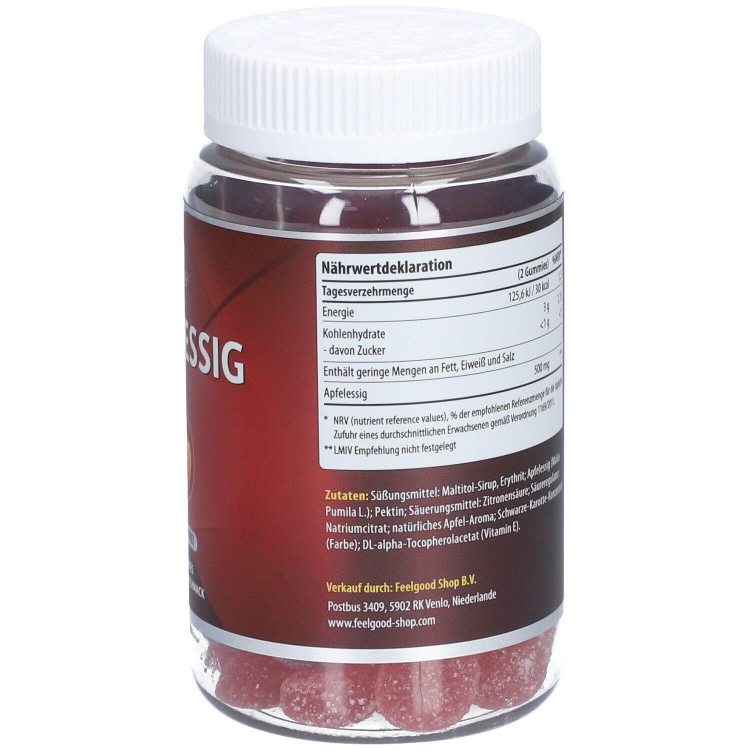 Rückseite der Flasche mit Nährwertdeklaration und Zutatenliste. Enthält Informationen zu Energie, Zucker und Apfelessig.