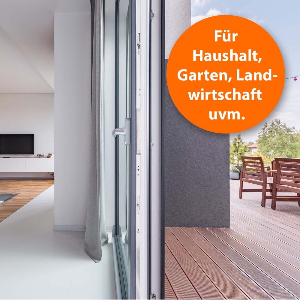 Offene Terrassentür. Orangefarbener Kreis mit Text: Für Haushalt, Garten, Landwirtschaft uvm.