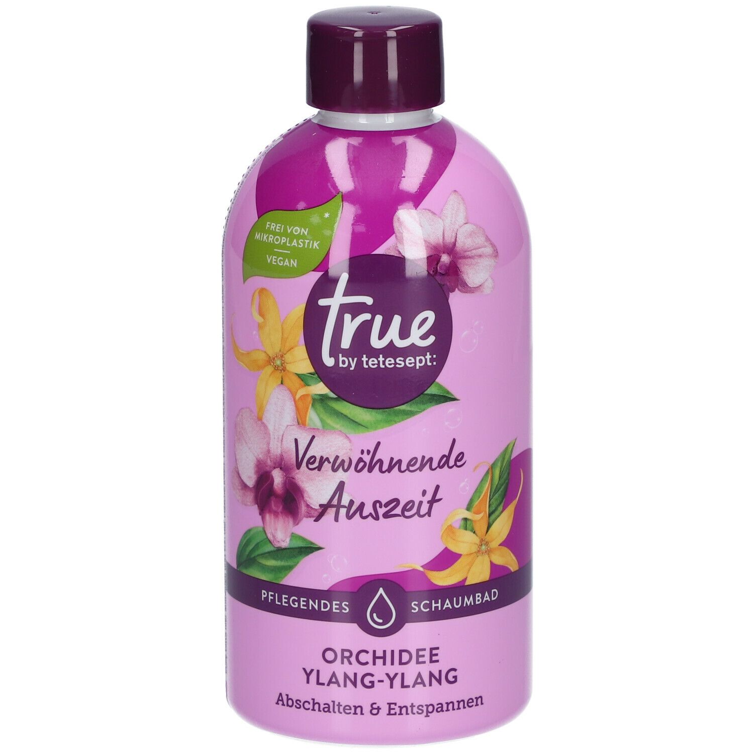 Flasche mit lila Etikett. "true by tetesept" Schaumbad. Orchidee Ylang-Ylang. Vegan. Abbildung von Blüten.