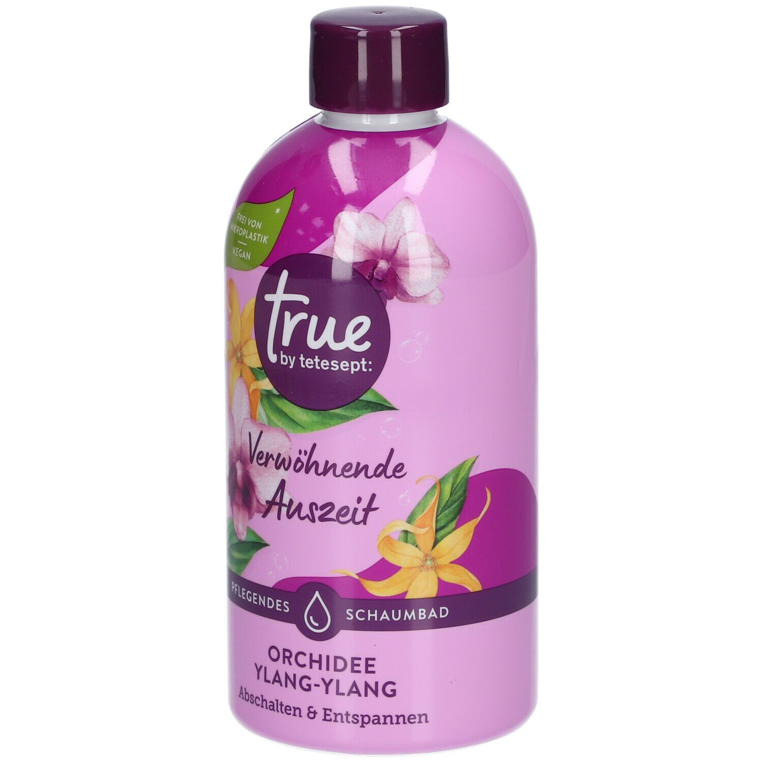 Flasche mit lila Etikett. "true by tetesept" Schaumbad. Orchidee Ylang-Ylang. Vegan. Abbildung von Blüten.