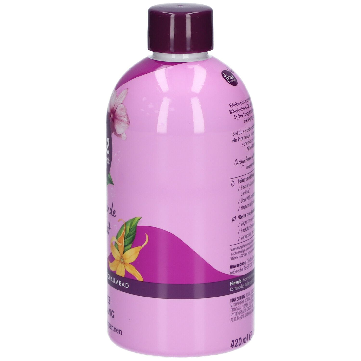 Flasche mit lila Etikett. "true by tetesept" Schaumbad. Orchidee Ylang-Ylang. Vegan. 420ml.