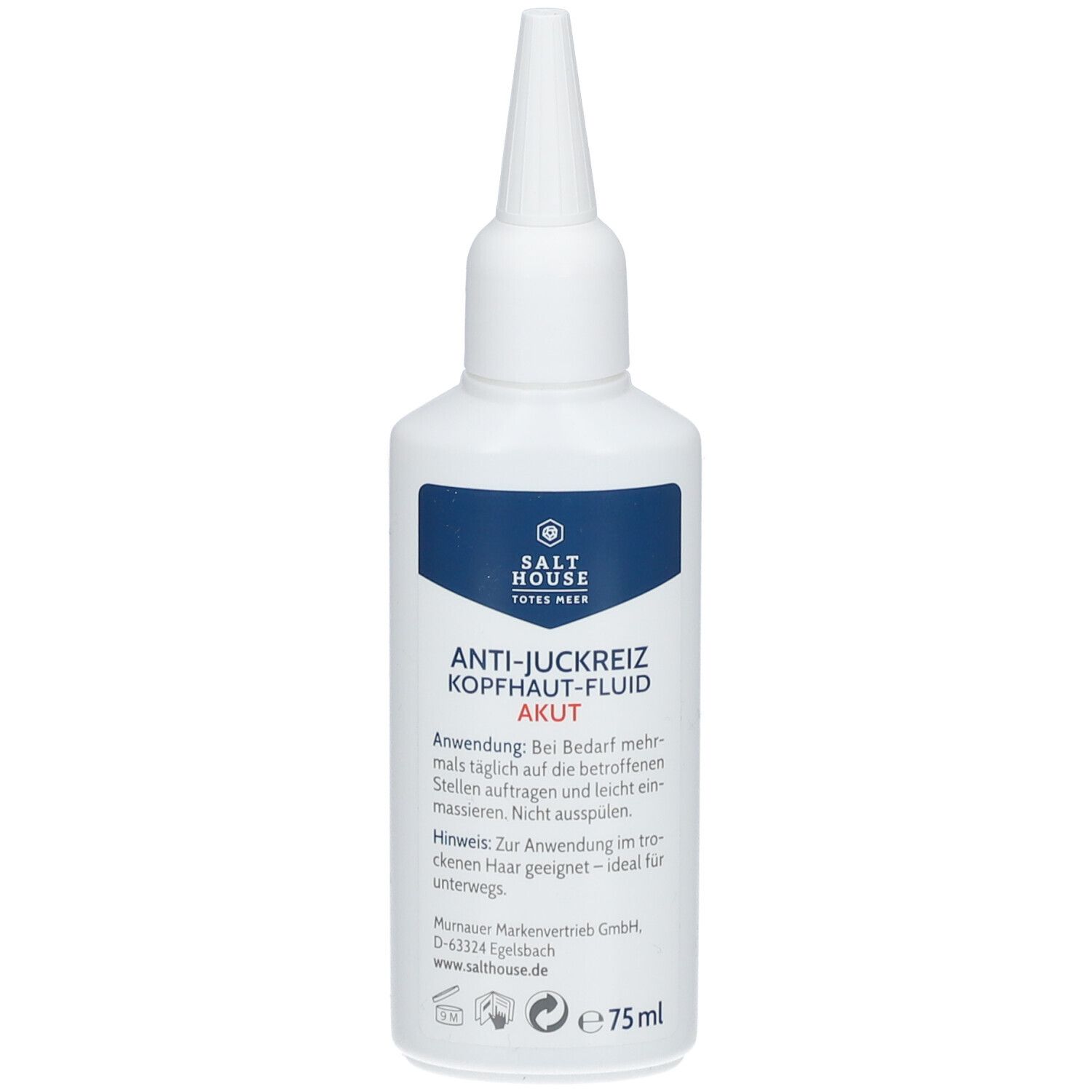 Weiße Flasche mit blauem Etikett. Aufschrift: ANTI-JUCKREIZ KOPFHAUT-FLUID AKUT. Mit Dosierspitze. 75ml.