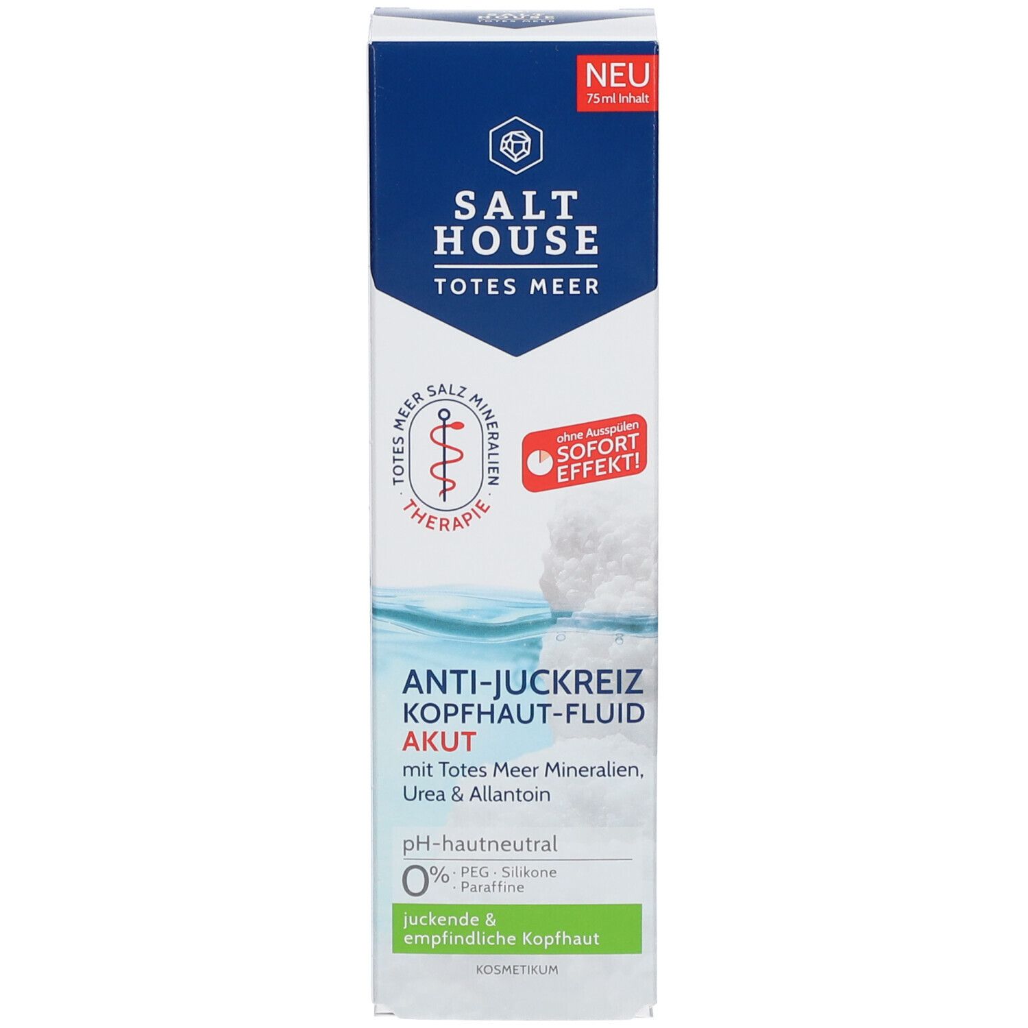 Kartonverpackung mit blauem Design. Aufschrift: ANTI-JUCKREIZ KOPFHAUT-FLUID AKUT. Mit Produktabbildung.