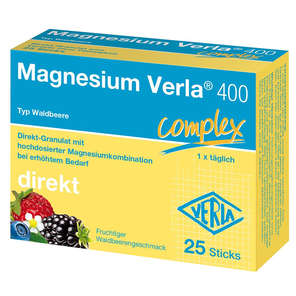 Magnesium Verla® 400 Complex direkt. Packung mit 25 Sticks. Blaue und gelbe Verpackung mit Produktnamen und Beerenabbildung.