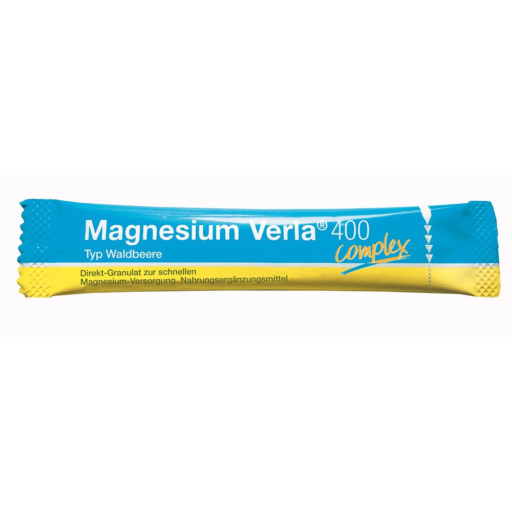 Magnesium Verla® 400 Complex direkt Stick. Blau-gelbe Verpackung mit Produktnamen und Text. Direkt-Granulat für schnelle Magnesium-Versorgung.