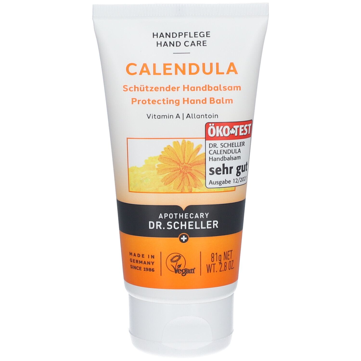 Weiße Tube CALENDULA Handbalsam mit ÖKO-TEST Siegel. Orangefarbene Grafik mit Blüte. Schwarzer Streifen mit Apotheken-Logo.
