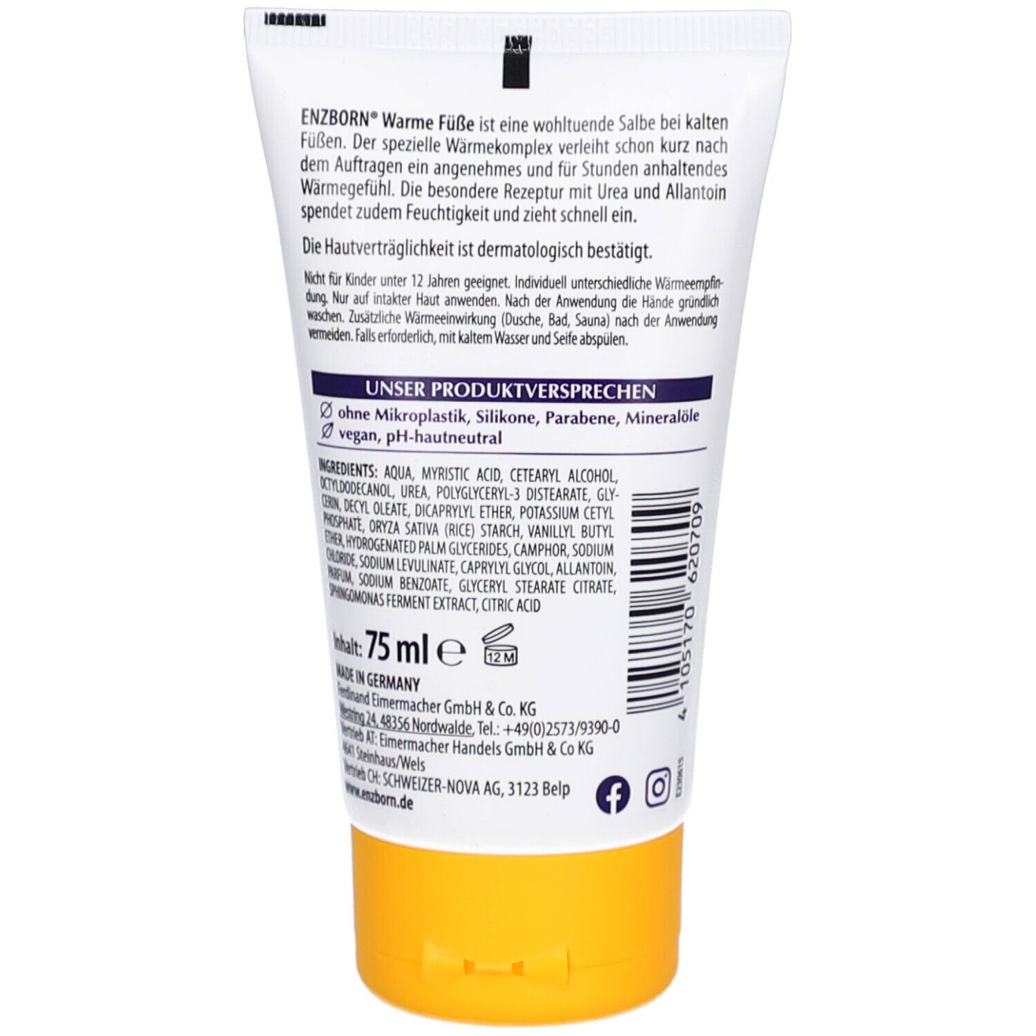 Rückseite der Tube. Text: ENZBORN Warme Füße. Inhaltsstoffe und Herstellerangaben. Gelber Deckel.