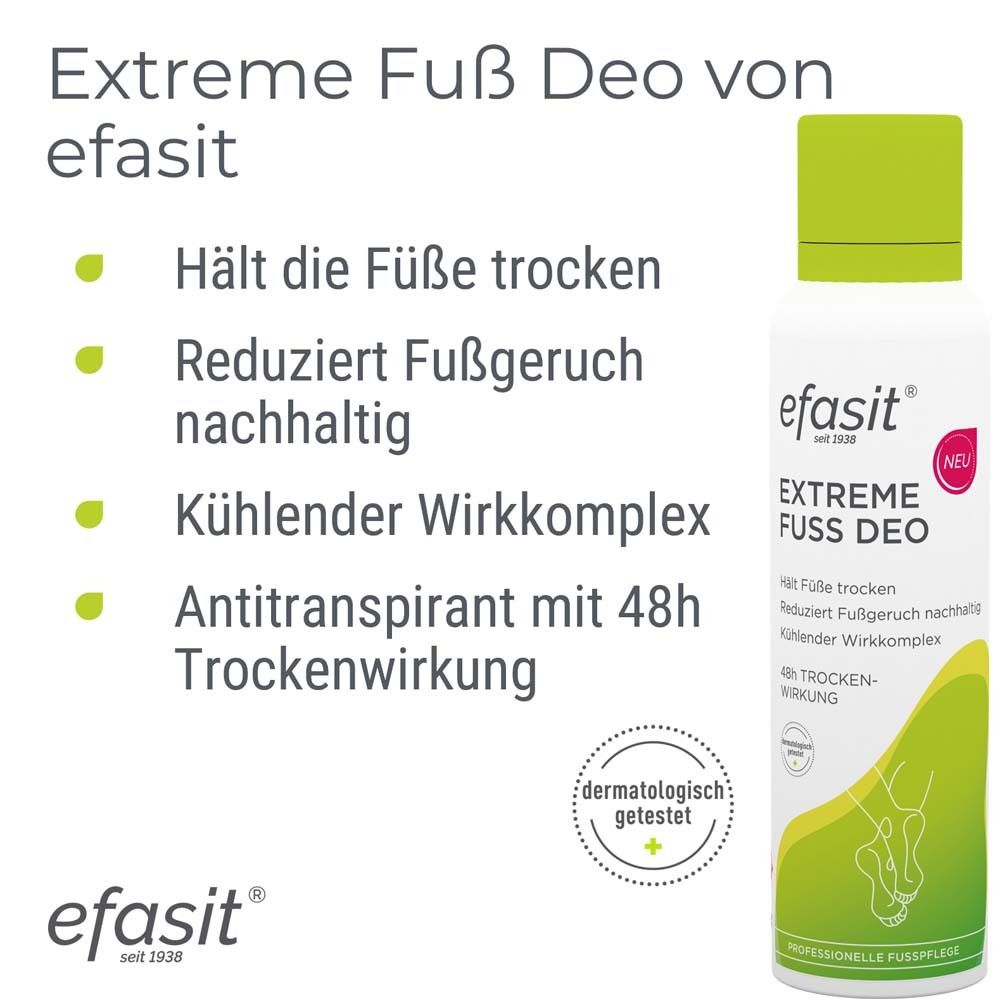 Produkt mit Text: Extreme Fuß Deo von efasit. Hält Füße trocken, reduziert Fußgeruch, kühler Wirkkomplex, 48h Trockenwirkung.