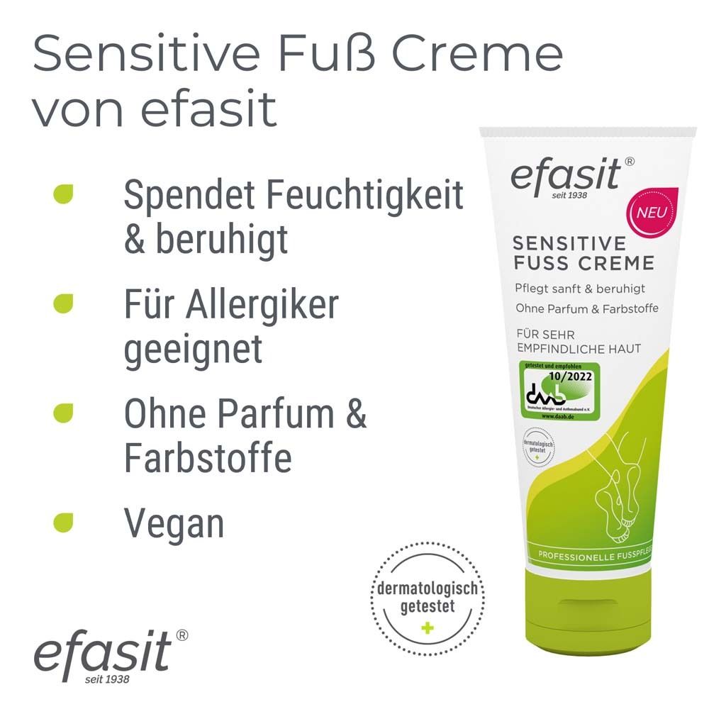 Tube mit Text: Sensitive Fuß Creme von efasit. Aufzählung: spendet Feuchtigkeit, für Allergiker geeignet, ohne Parfum & Farbstoffe, vegan.