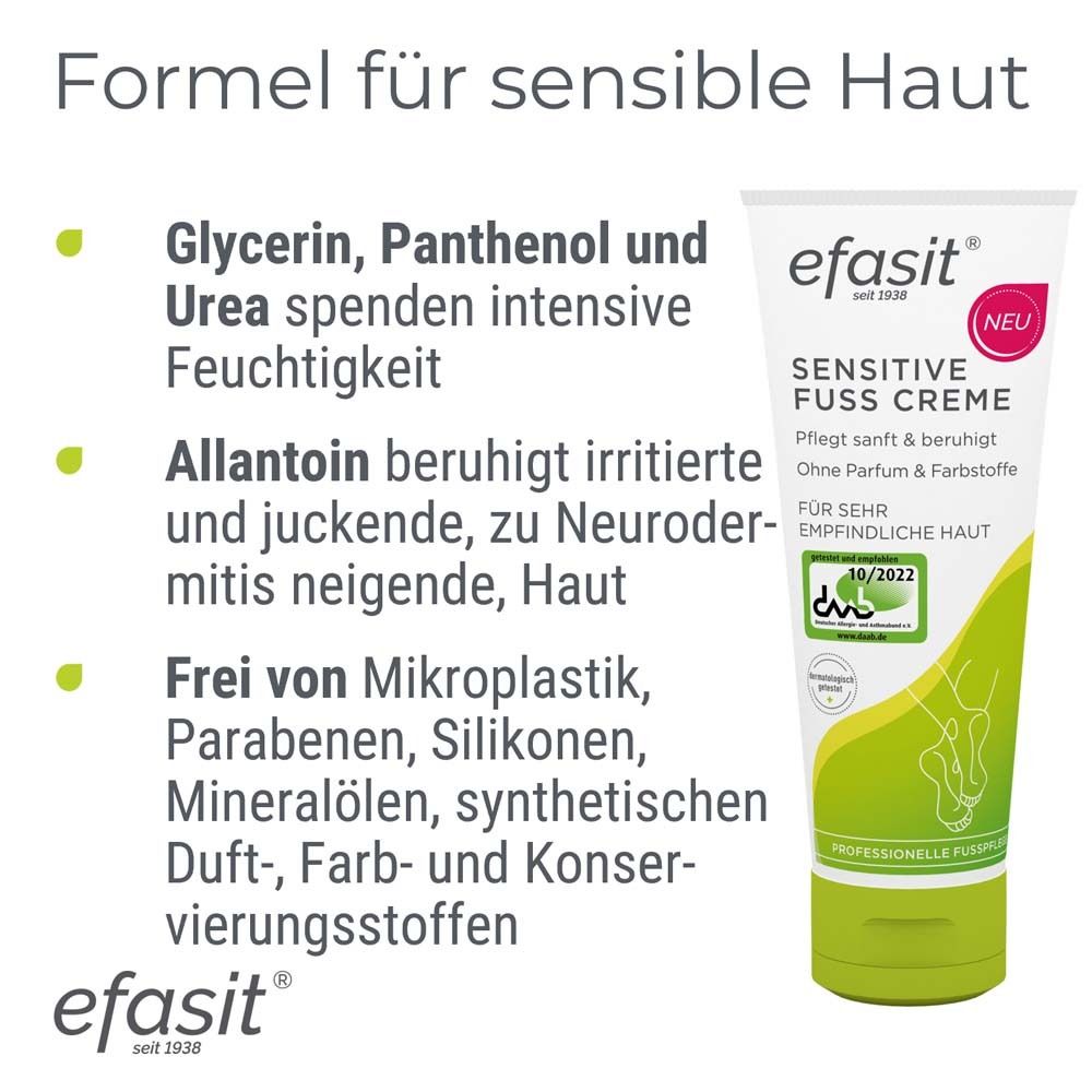 Text: Formel für sensible Haut. Aufzählung: Glycerin, Panthenol, Urea, Allantoin, frei von Mikroplastik etc. Logo: efasit.