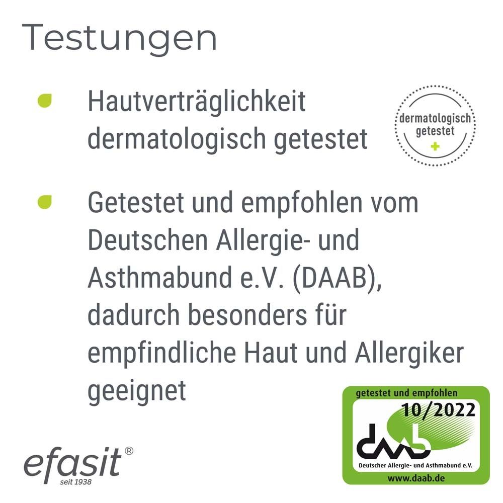 Text: Testungen. Aufzählung: dermatologisch getestet, empfohlen vom Deutschen Allergie- und Asthmabund. Logo: DAAB.