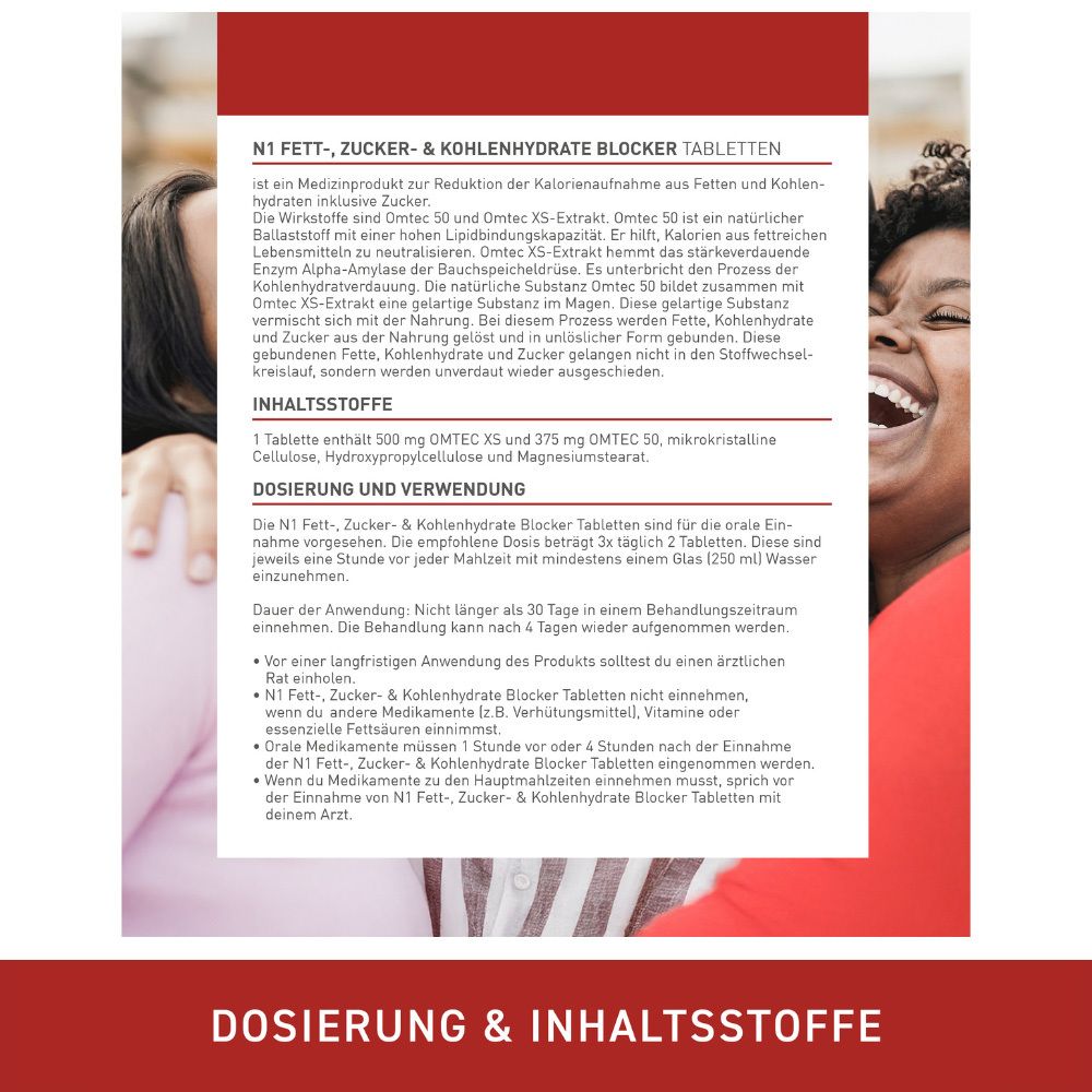 Detailansicht der N1 Fettblocker Tabletten Verpackung mit Informationen zu Inhaltsstoffen und Dosierung.