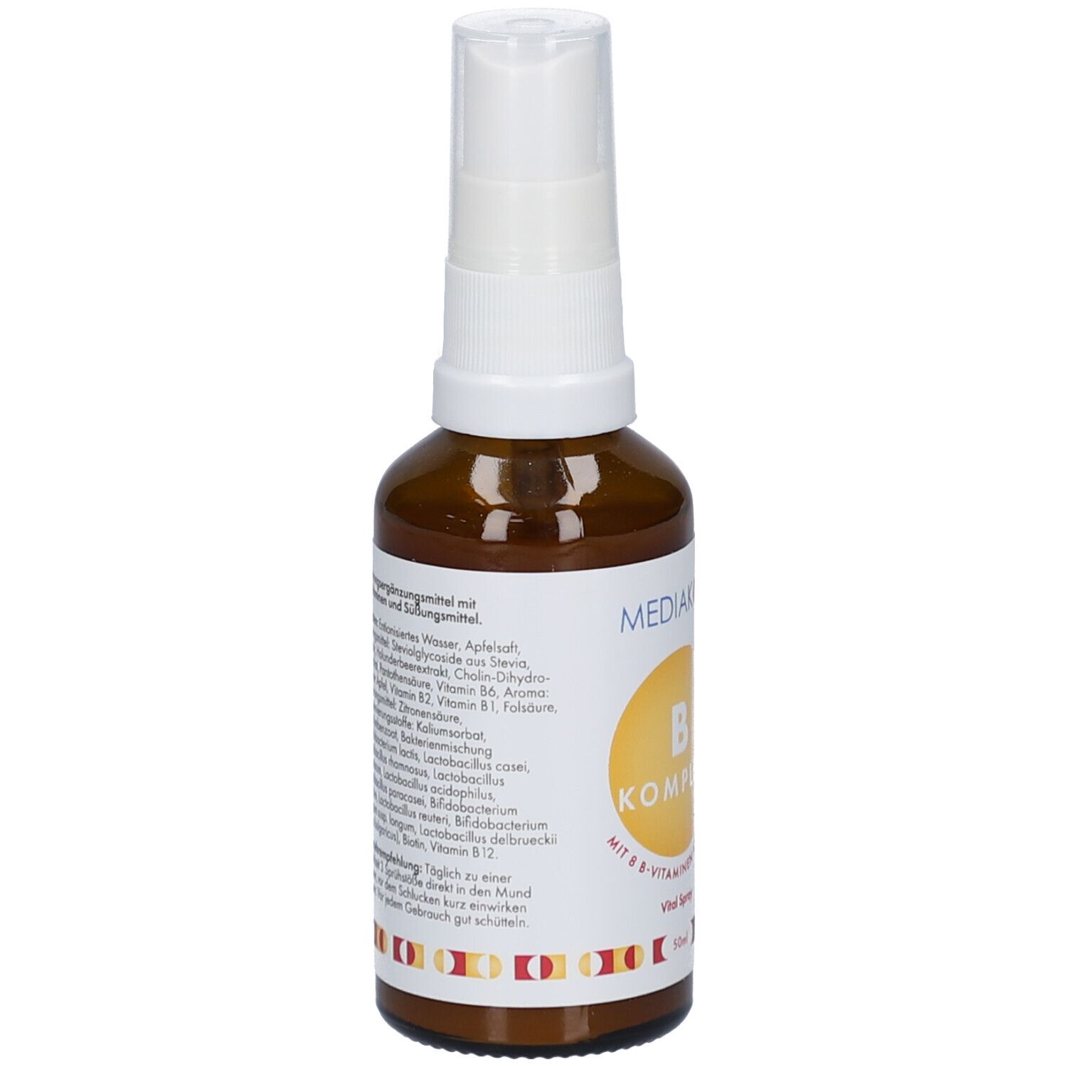 Braune Glasflasche mit weißem Sprühkopf. Etikett mit Text und gelbem Kreis. Marke: Mediakos. B Komplex Vital Spray.