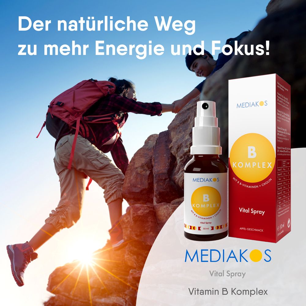 Personen klettern. Produkt mit Sprühkopf und Verpackung. Text: Vitamin B Komplex Vital Spray. Marke: Mediakos.