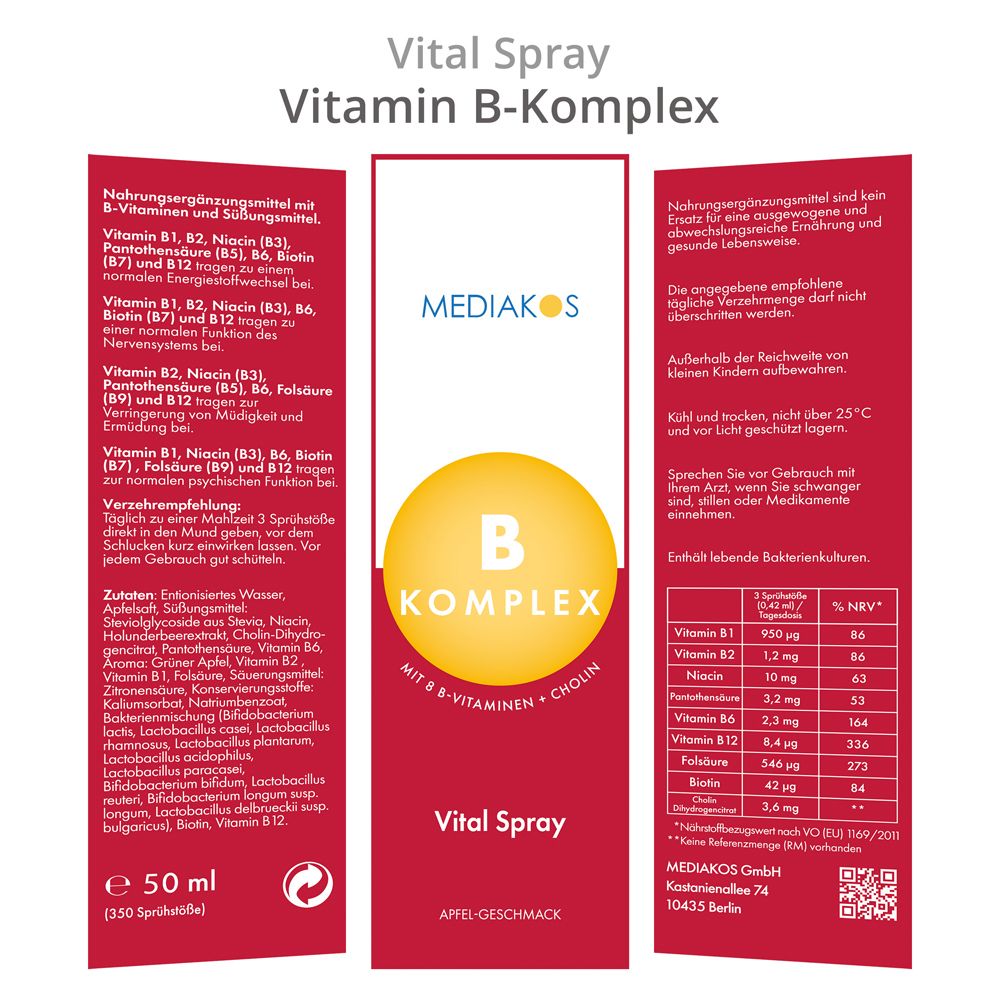 Produktverpackung. Text: Vitamin B-Komplex. Inhaltsstoffe, Nährwerttabelle. Marke: Mediakos. Apfel-Geschmack.