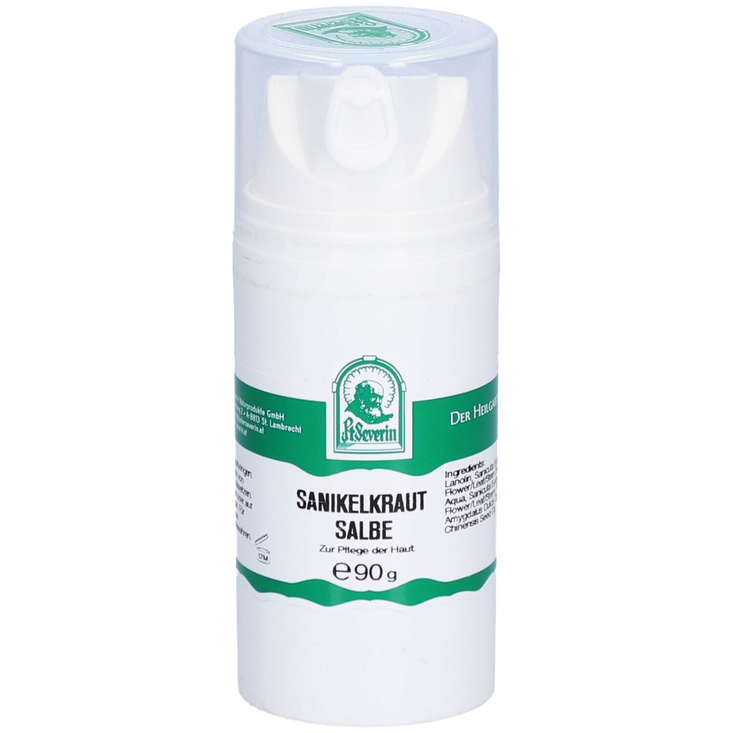 Weiße Tube mit grünem Etikett. Aufschrift: Sanikelkraut Salbe. Mit Dosierkopf und transparentem Deckel.