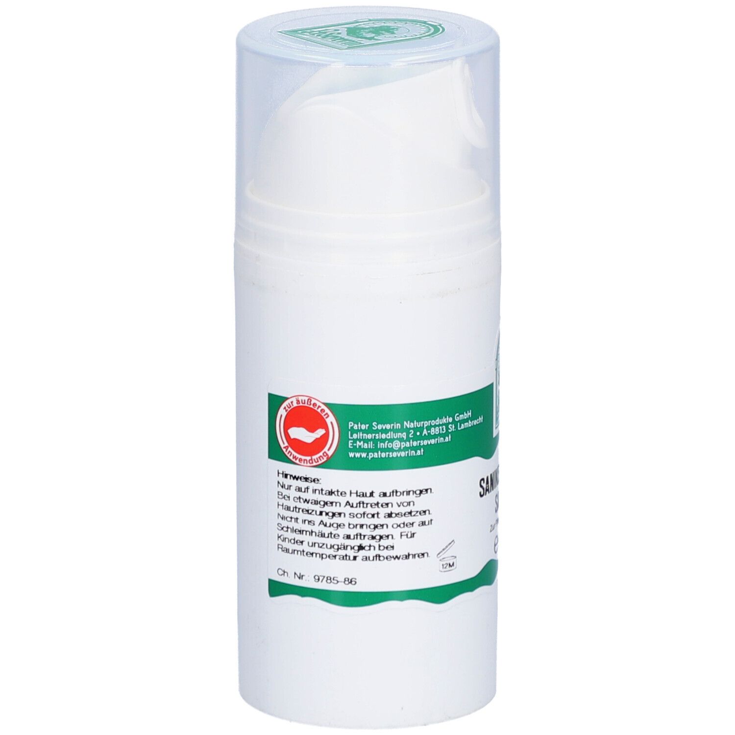 Weiße Tube mit grünem Etikett. Text: Hinweise. Mit Dosierkopf und transparentem Deckel.