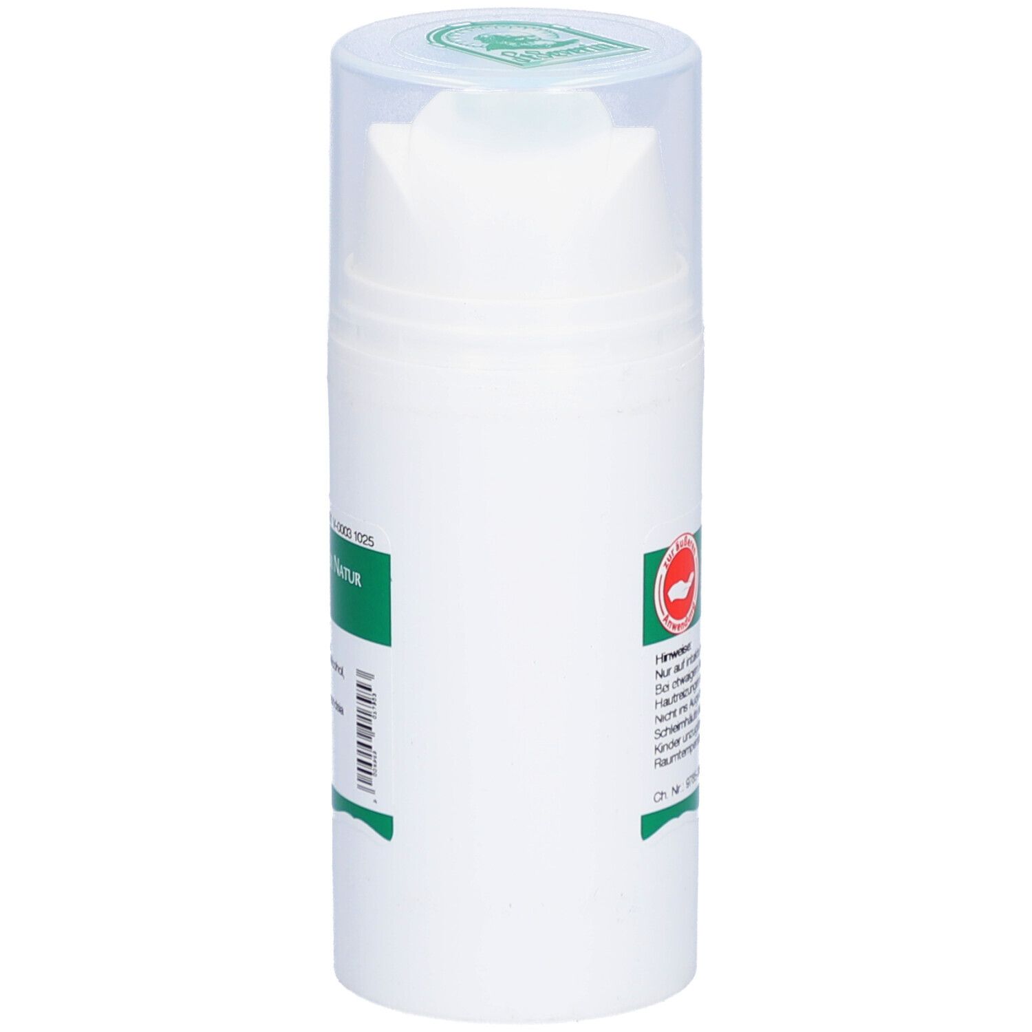 Weiße Tube mit grünem Etikett. Mit Dosierkopf und transparentem Deckel. Ansicht von der Seite.