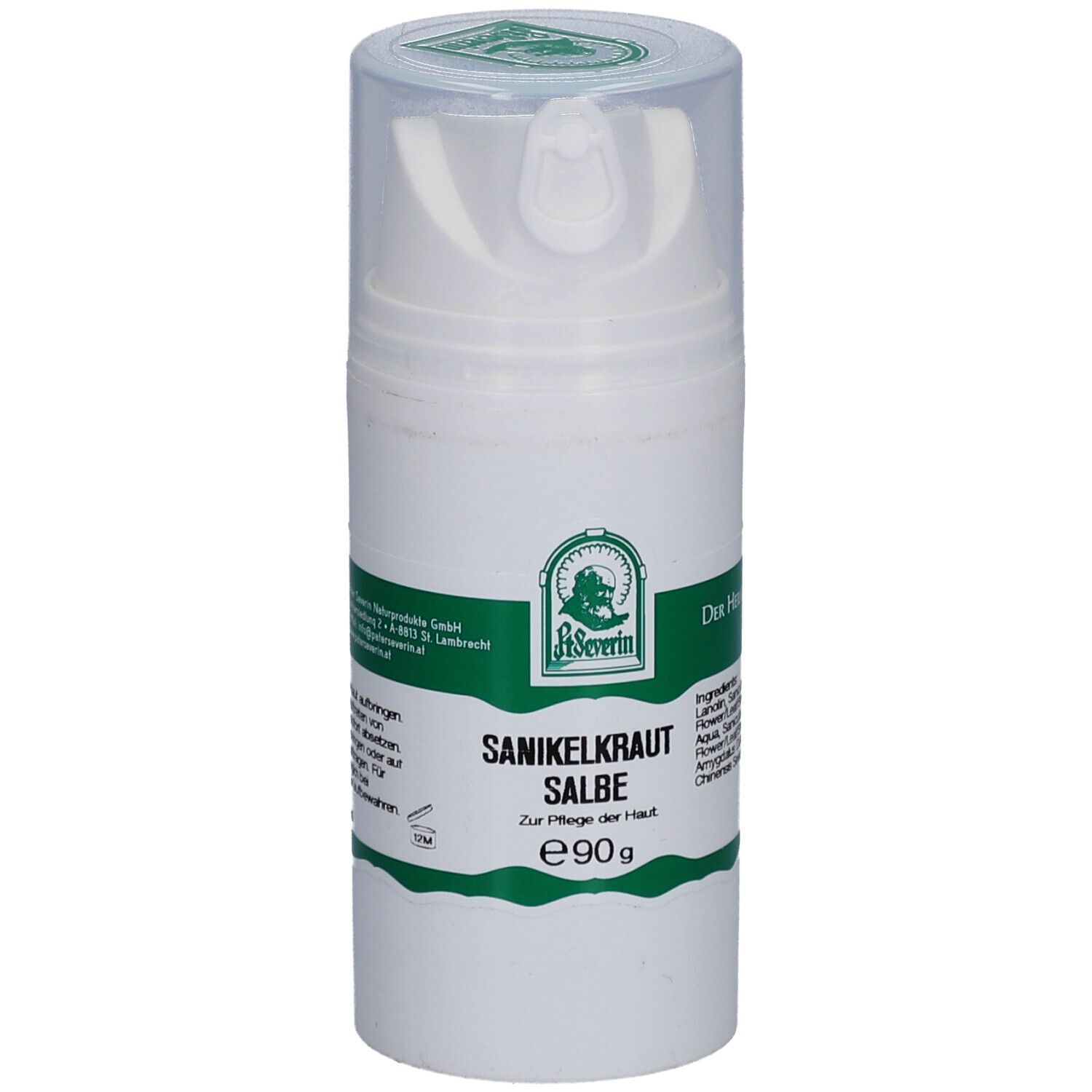 Weiße Tube mit grünem Etikett. Aufschrift: Sanikelkraut Salbe. Mit Dosierkopf und transparentem Deckel.