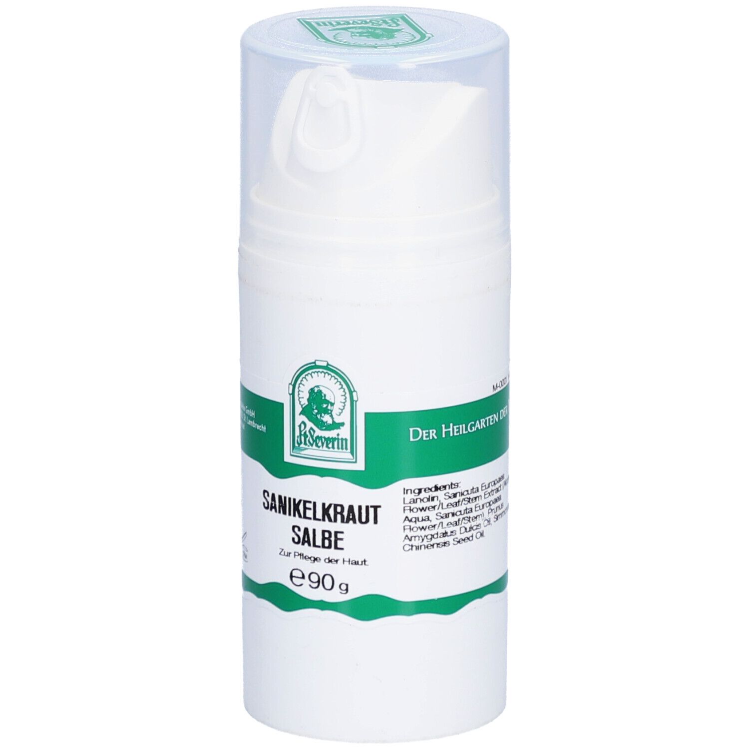 Weiße Tube mit grünem Etikett. Aufschrift: Sanikelkraut Salbe. Mit Dosierkopf und transparentem Deckel.