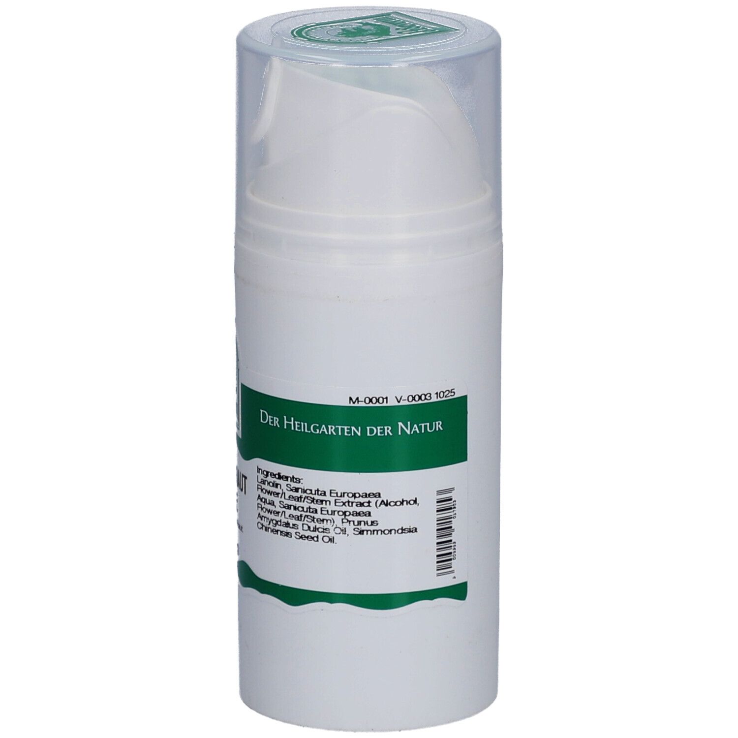 Weiße Tube mit grünem Etikett. Text: Der Heilgarten der Natur. Mit Dosierkopf und Deckel.