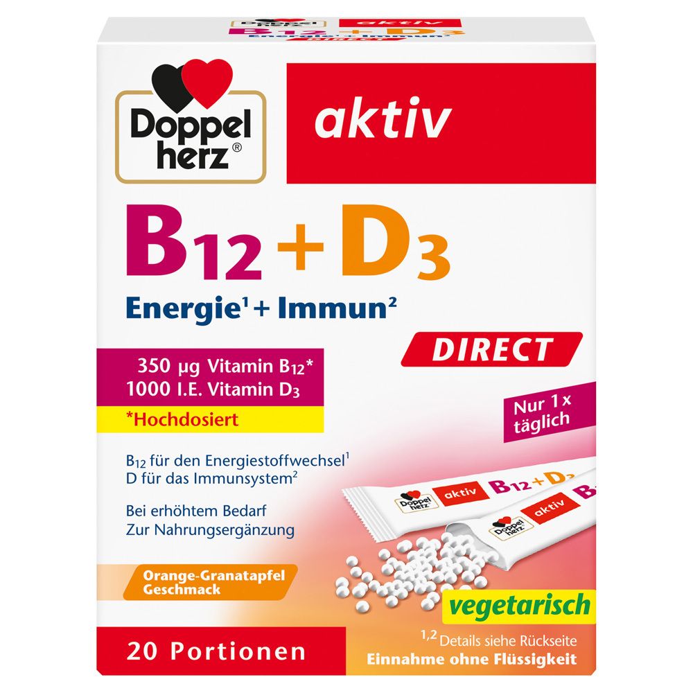 Verpackung von Doppelherz aktiv B12 + D3 Direct. Enthält 20 Portionen. Direkt-Einnahme ohne Flüssigkeit. Vegetarisch.