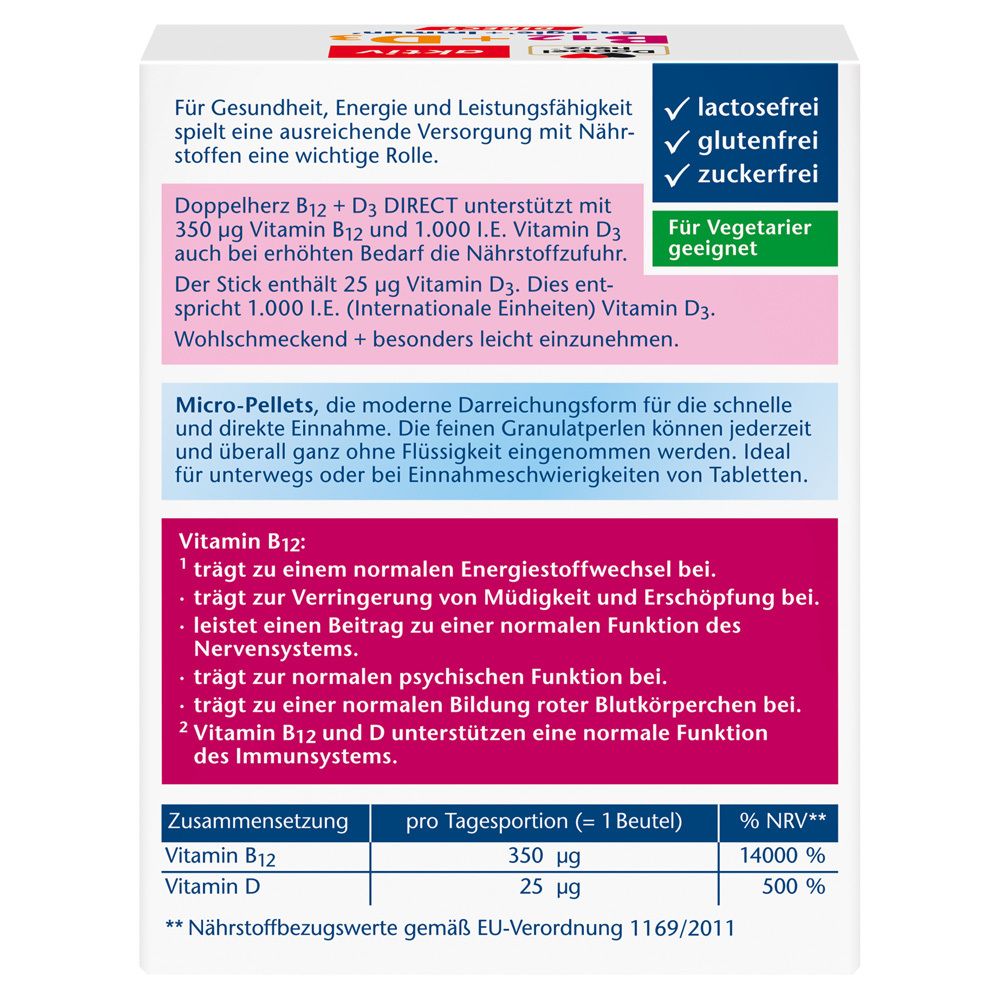 Rückseite der Doppelherz aktiv B12 + D3 Direct Verpackung. Informationen zu Inhaltsstoffen, Anwendung und Nährwerten.