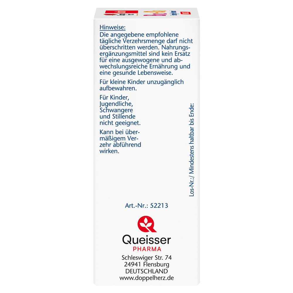 Seite der Doppelherz aktiv B12 + D3 Direct Verpackung. Enthält Hinweise und Kontaktinformationen des Herstellers.