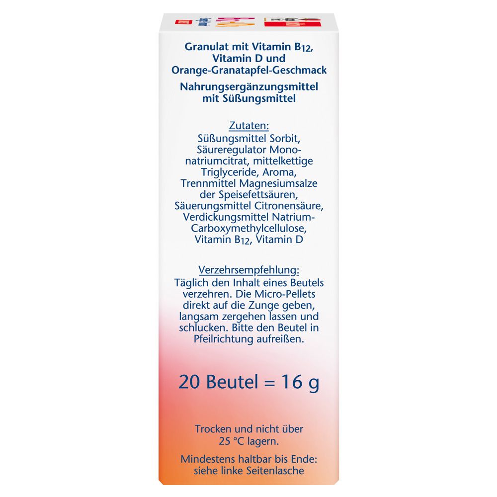 Seite der Doppelherz aktiv B12 + D3 Direct Verpackung. Enthält Informationen zu Inhaltsstoffen und Anwendung.